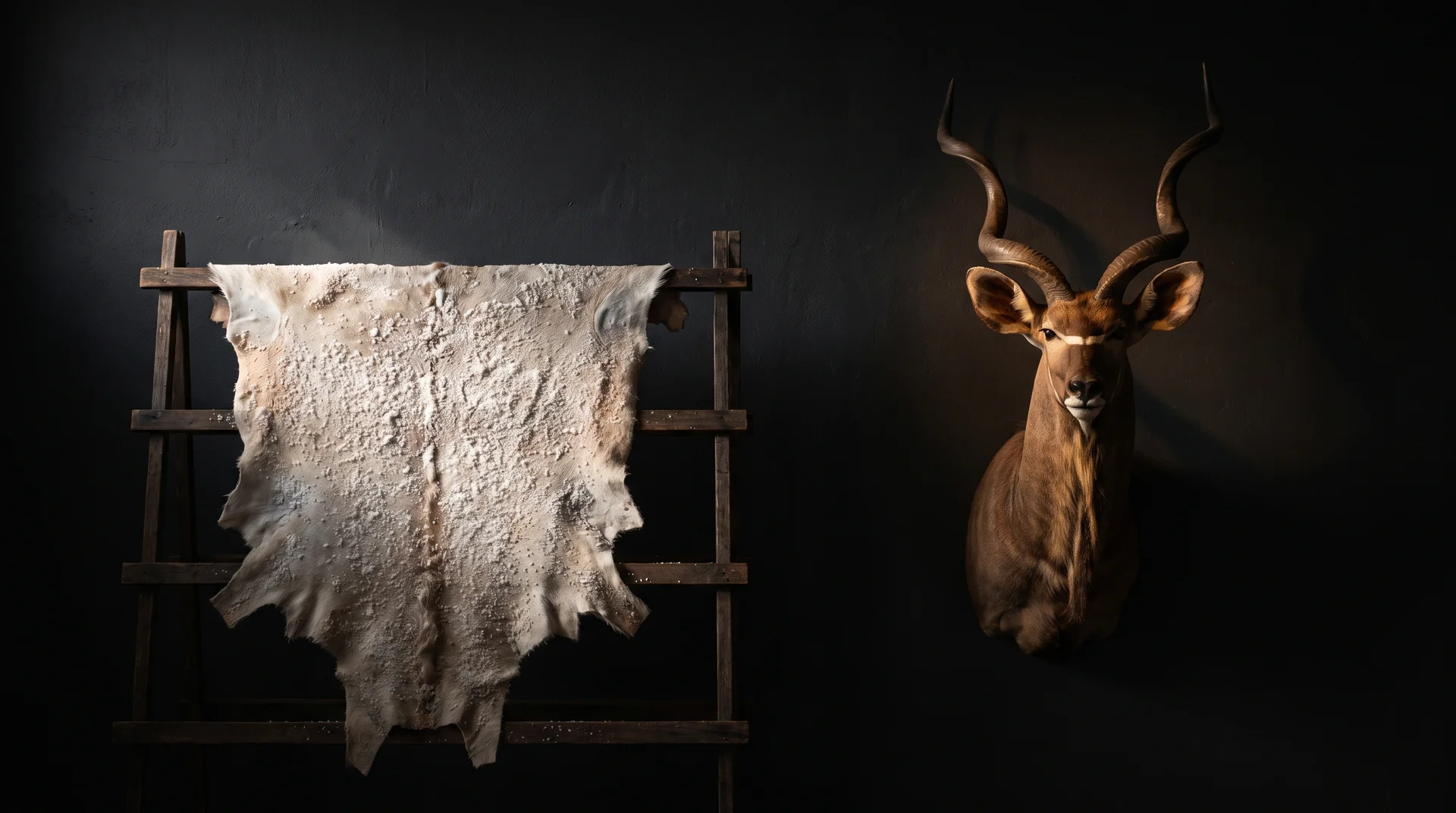 Raw salted hide on a drying rack beside a finished kudu shoulder mount — dip and pack, before and after — Highveld Taxidermists