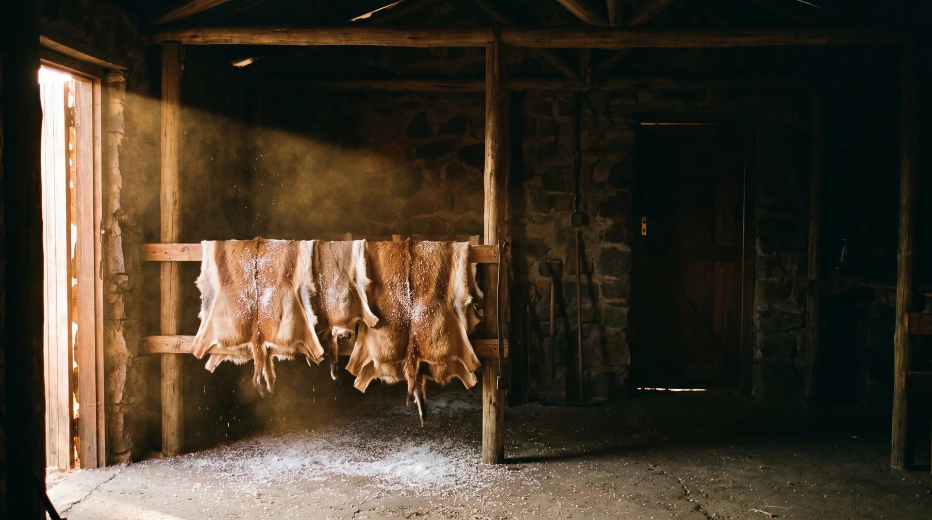 Salted capes drying on a wooden rack in a skinning shed, lit by a shaft of light from the doorway — Highveld Taxidermists