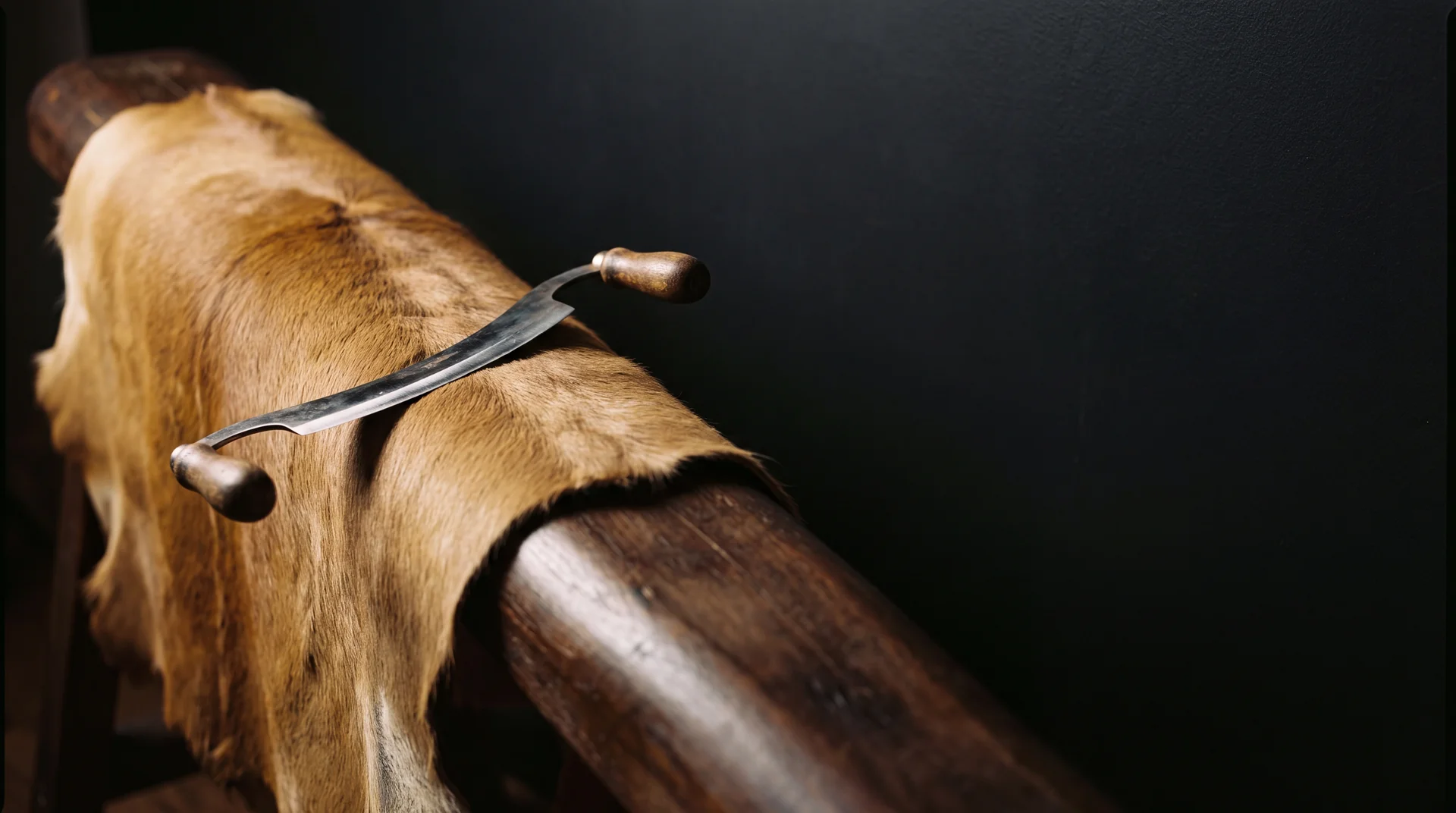 A tanned hide draped over a shaving beam with a traditional currier's hand-shaving knife — Highveld Taxidermists