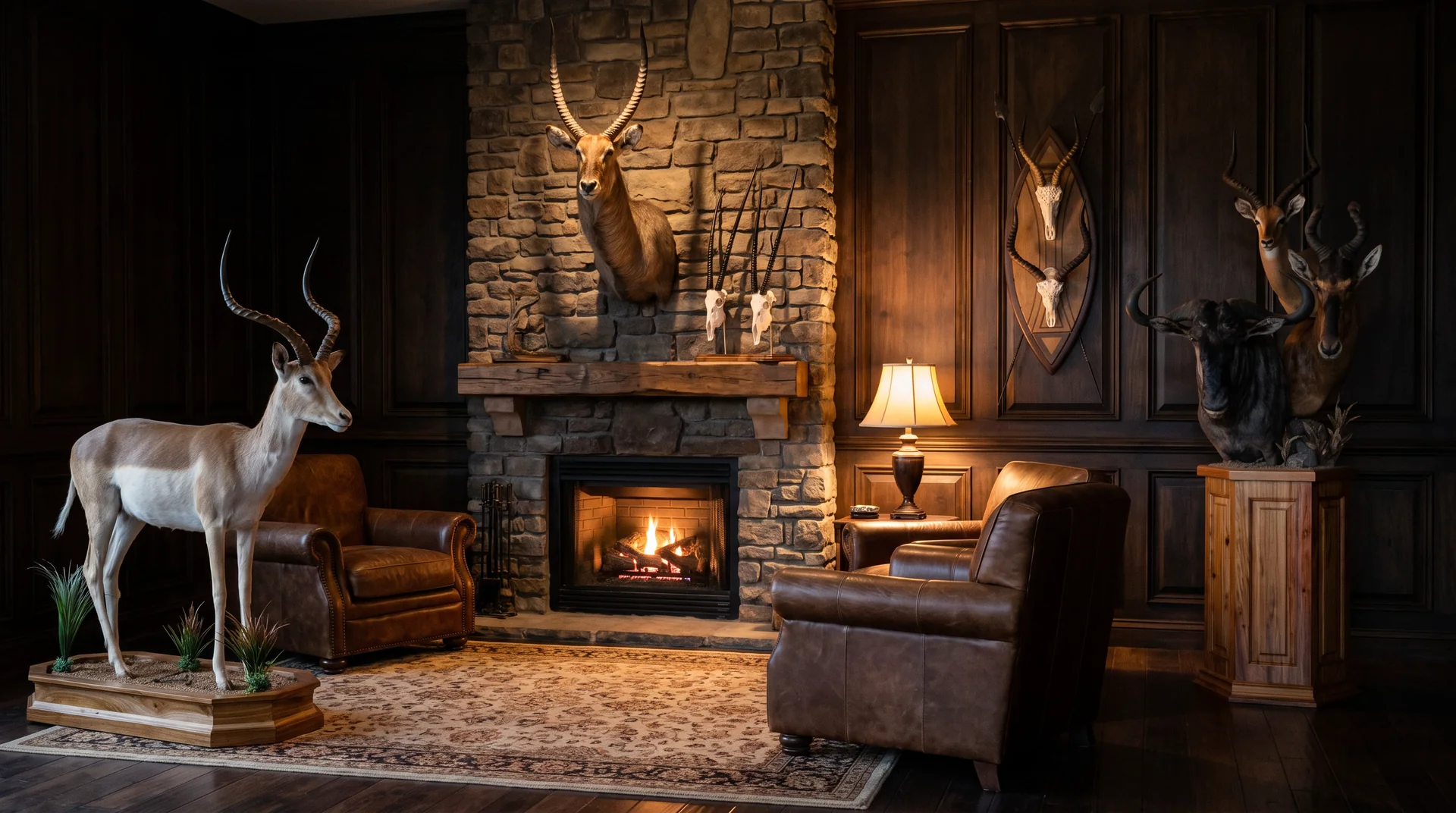 A fireside trophy room with a waterbuck shoulder mount, white impala full mount, gemsbok skull pair, Zulu shield mount and triple pedestal mount &mdash; Highveld Taxidermists