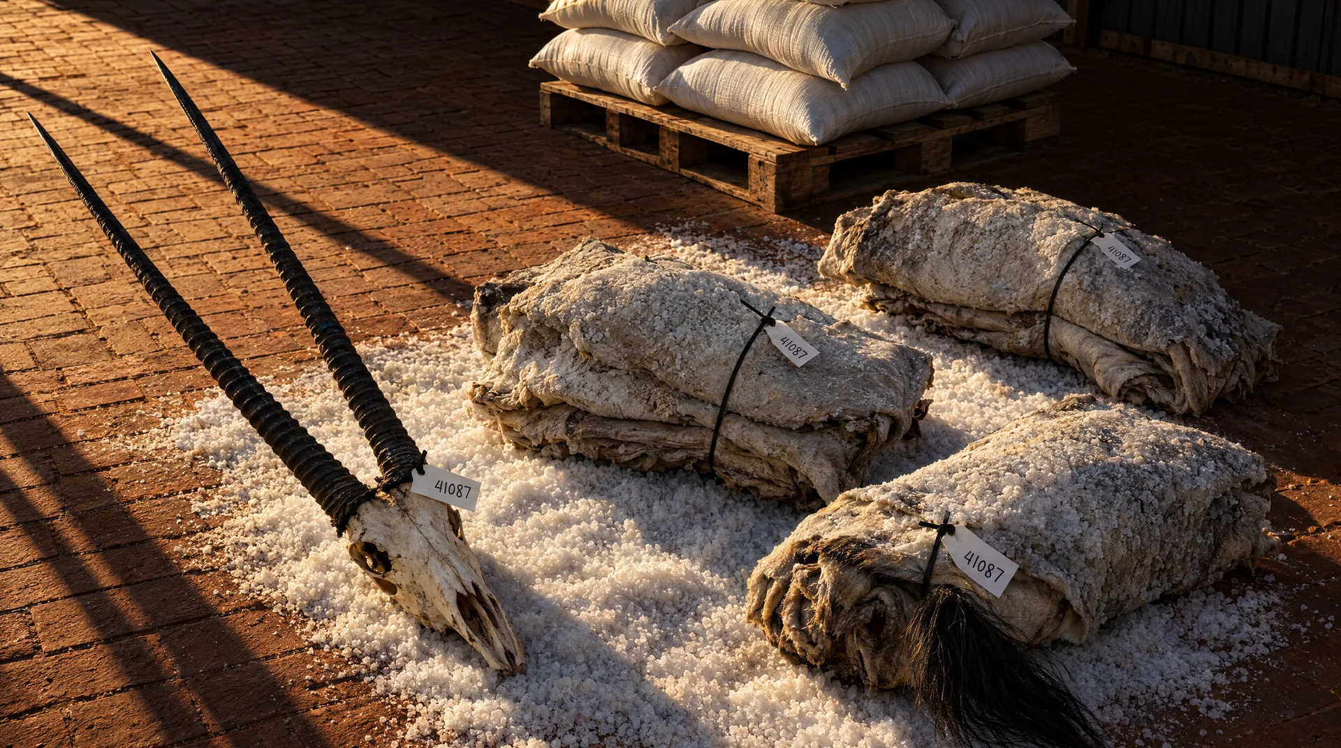A gemsbok skull and salted hides laid out on coarse salt at intake, each tagged with the same five-digit job number — Highveld Taxidermists