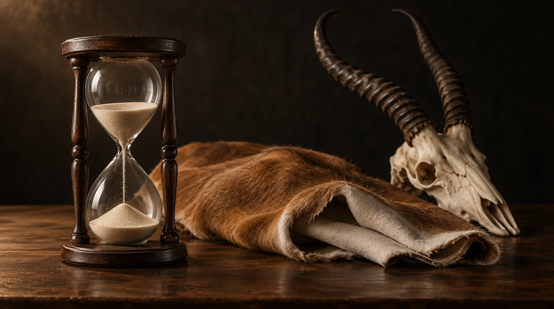 An hourglass beside a folded antelope hide and a horned skull on a dark wooden table — Highveld Taxidermists